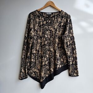 Allison Brittney Sweater Black Tan Abstract Asymmetrical Hem Pullover XL